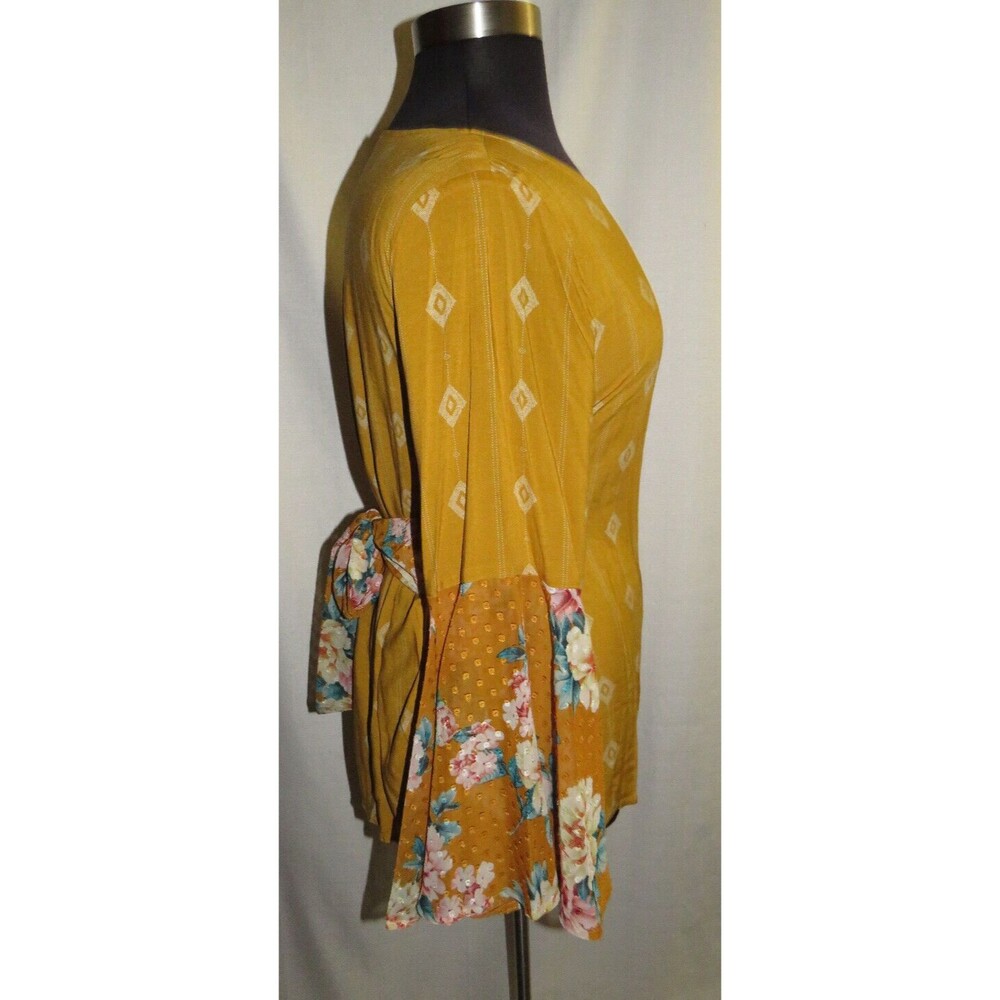 Mustard Geo Print Floral Challis Bell Sleeve Boho Blouse Plus Size 1X 14-16 - Picture 11 of 14